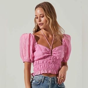ASTR The Label Tarian Halter Smocked Puff Sleeve Top